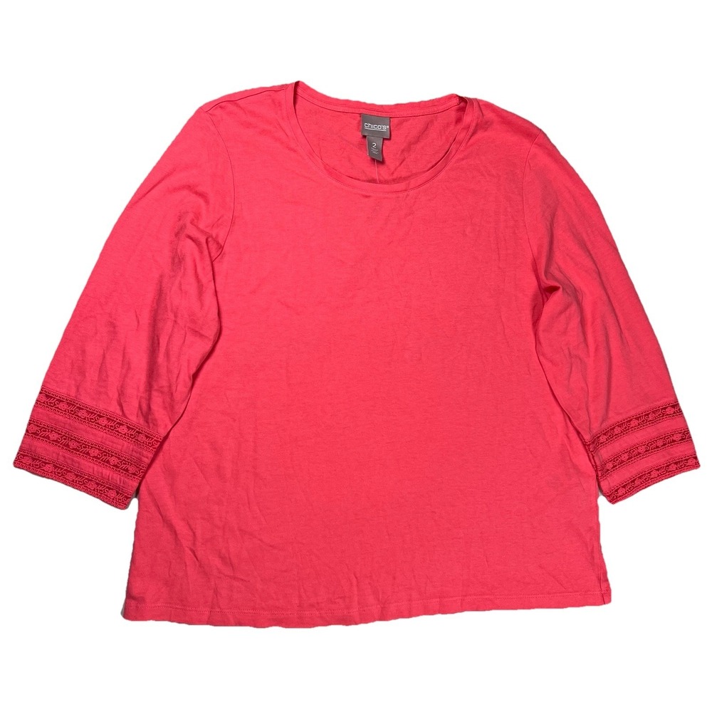 New Chico's Top Women's Sz 2 (US 12) Soutache Scoop Neck Coral‎ 3/4 Sleeve NWT